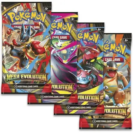 Pokémon Mega Evolution sleeved booster packs featuring Mega Venusaur and Mega Lucario artwork.